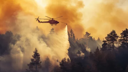 Foto op Plexiglas Fire fighting helicopter carry water bucket to extinguish the forest fire © buraratn