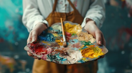 Hands of female artist holding messy dirty palette with different paints and paintbrush in art studio. Lifestyle and hobby concept