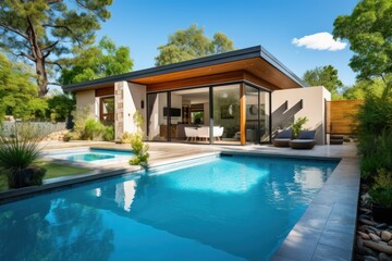 Fototapeta premium Modern house with swimming pool and deck. Nobody inside. Concept of holidays abroad, secluded villas