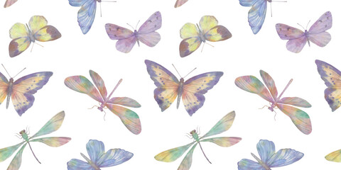 Watercolor butterflies in delicate shades of light yellow. Seamless abstract pattern of butterflies isolated on a white background.