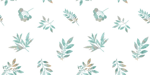 watercolor hand painted leaves and branches. seamless pattern on a white background. - obrazy, fototapety, plakaty