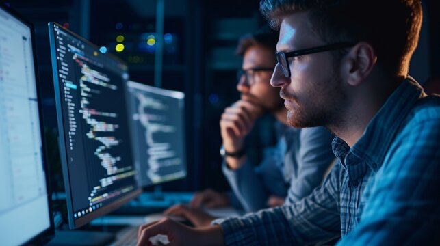 Developers deeply engaged in intense teamwork to address intricate issues and create cutting-edge mobile apps with flawless performance.