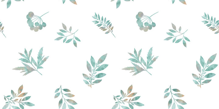 watercolor hand painted leaves and branches. seamless pattern on a white background.