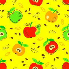 Vector hand drawn seamless pattern in a doodle style. Red apples and caterpillar on yellow background