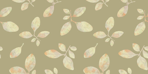 Abstract botanical leaf pattern, mostly green colors, watercolor drawing of leaves on a branch for design