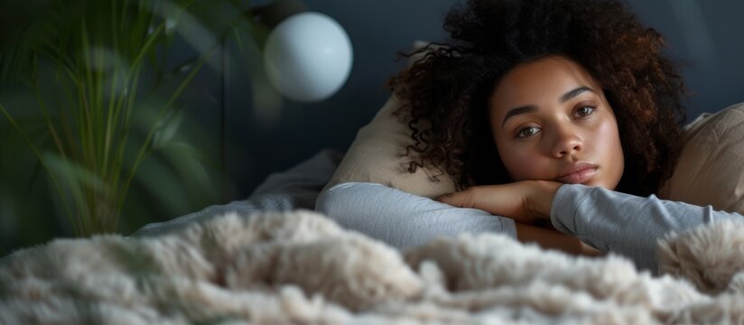 Exhausted biracial woman in bed at home, unchanged lifestyle.