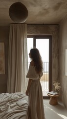 Fototapeta premium Luxurious Bedroom Architectural Photography with Woman by Balcony Door