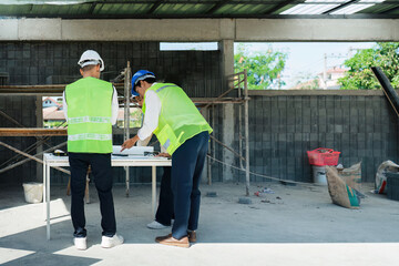 team engineer, foreman, architect meeting for colleagues discussing and checks construction blueprints at onsite