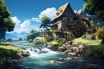 An anime waterwheel spinning near a tranquil river