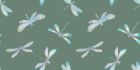 watercolor dragonflies on green background seamless pattern