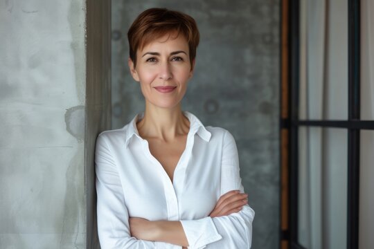 Beautiful European businesswoman with short hair with crossed arms smiling at the camera. European confident mature beautiful middle-aged woman entrepreneur on office background