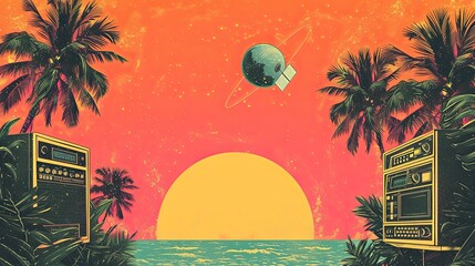 Cover of a 1980s new wave record, a satellite orbiting the earth and palm trees and a radio
