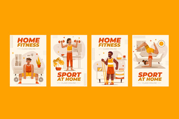 Fototapeta premium Home workout hand drawn cartoon card set