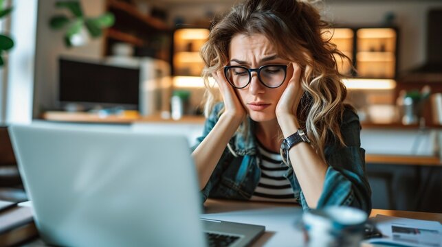 Image of frazzled female entrepreneur working remotely on computer appearing anxious fatigued and flooded. - Powered by Adobe