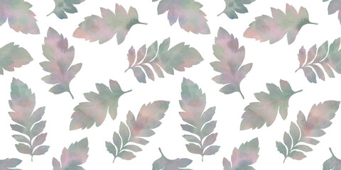 Abstract botanical pattern, colorful watercolor leaves, seamless background