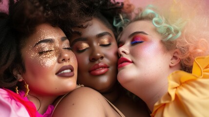 Obraz premium Beautiful and diverse women strike poses with colorful makeup in a closeup.
