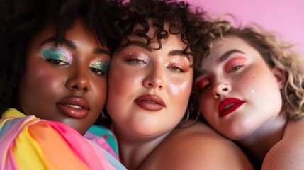 Fototapeta premium Beautiful and diverse women strike poses with colorful makeup in a closeup.
