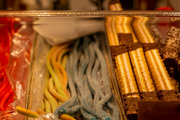a candy stand at a market
