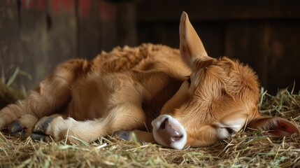 Obraz premium The calf is sleeping happily.