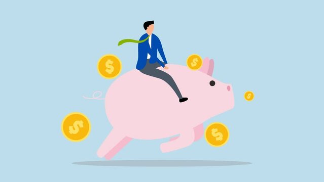 Financial ,  4k animation of Businessman investor riding a pink piggy bank with dollar coins.