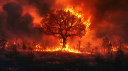 Rolgordijnen tree devoured by flames. Forest fire affecting the city with roads and risk for cars with people inside Murderous fire. Fine art forest burn Problem © buraratn