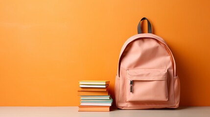 Back to school concept with full backpack and books on peach background with copy space