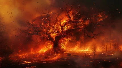 Fototapeten tree devoured by flames. Forest fire affecting the city with roads and risk for cars with people inside Murderous fire. Fine art forest burn Problem © buraratn