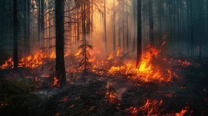 Photo sur Plexiglas Kiev tree devoured by flames. Forest fire affecting the city with roads and risk for cars with people inside Murderous fire. Fine art forest burn Problem