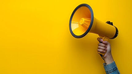 Hand holding megaphone on yellow background. Hiring, advertising and marketing concept. - obrazy, fototapety, plakaty