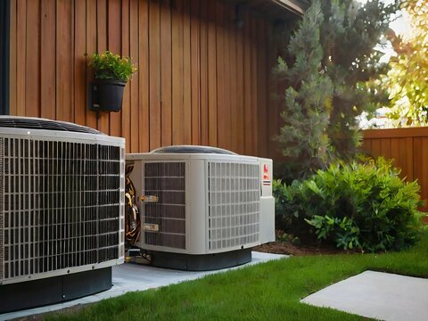 Air conditioners in the industry area, big AC, cold air, summertime, inverter technology, low power consuming