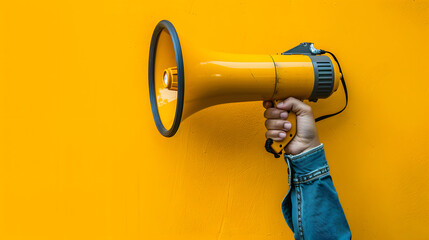 Hand holding megaphone on yellow background. Hiring, advertising and marketing concept. - obrazy, fototapety, plakaty