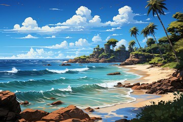 An anime beach scene with turquoise waters palm tree