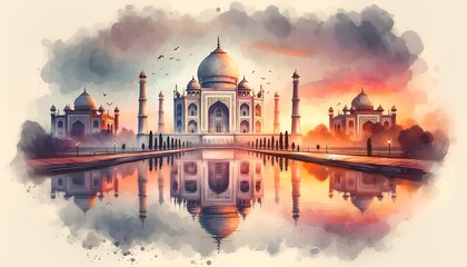 Watercolor style illustration of the taj mahal during sunset with reflection in water. - obrazy, fototapety, plakaty