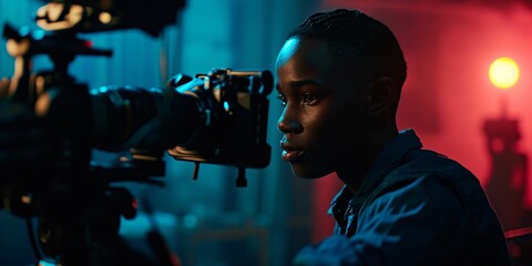 A youthful black cinematographer filming with high-quality camera in dim studio.