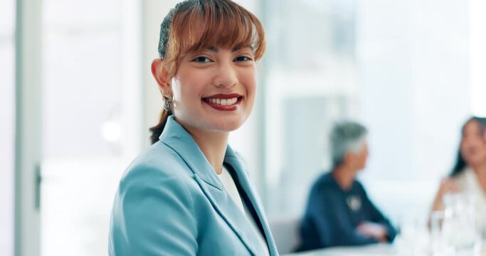 Face, smile and business woman in office, company and workplace for career. Portrait, employee and confident professional agent, consultant and female entrepreneur laughing at meeting for coworking