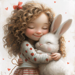 Cute girl with curly hair with a shiny bow, in a menthol T-shirt with strawberries, skirt with pockets, striped tights and shoes with clasps, hugging a big Cute Bunny