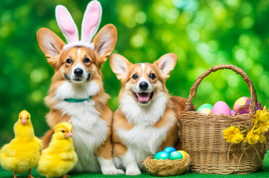 Easter dog with rabbit ear, yellow chick and basket with colorful eggs. Holiday banner. AI generated