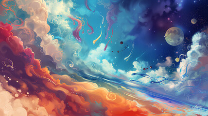 A vibrant digital painting blending elements of celestial space with whimsical cloud formations.
 - obrazy, fototapety, plakaty