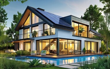 Fototapeta premium Modern single family house with solar panels on roof blending luxury architecture with eco friendly energy solutions residence showcases future oriented design emphasizing sustainable living