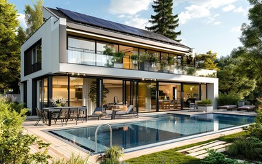 Fototapeta premium Modern single family house with solar panels on roof blending luxury architecture with eco friendly energy solutions residence showcases future oriented design emphasizing sustainable living