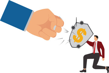 Small man uses a shield to fight against the giant fist