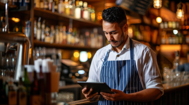 focused bearded man in a blue striped apron using a tablet in a bar setting