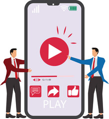 Two businessmen showing a big smartphone screen with a play button