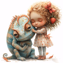 Cute girl with curly hair with a shiny bow, in a menthol T-shirt with strawberries, skirt with pockets, striped tights and shoes with clasps, hugging a big Cute Chameleons