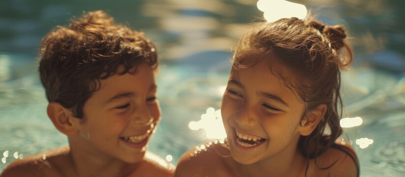Happy boy and girl chatting and grinning after swimming at poolside. - Powered by Adobe