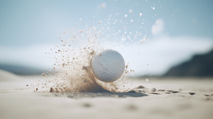 White golf ball in golden sand explosion on bunker background of golf course