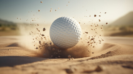 White golf ball in golden sand explosion on bunker background of golf course