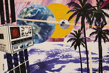 Cover of a 1980s new wave record, a satellite orbiting the earth and palm trees and a radio