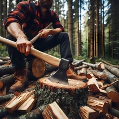 Foto op Canvas A lumberjack man at a campfire in the alpine forest © palangsi