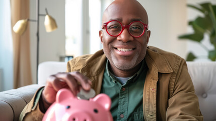 cheerful middle-aged man with glasses, inserting a coin into a pink piggy bank, symbolizing savings or investment, in a cozy home setting